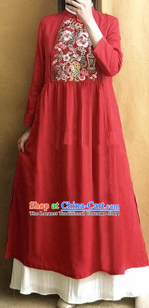 Traditional Chinese Tang Suit Red Linen Cheongsam Embroidered Qipao Dress National Costume for Women