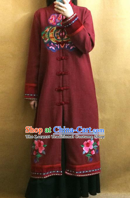 Traditional Chinese Embroidered Dark Red Coat Tang Suit Outer Garment National Costume for Women