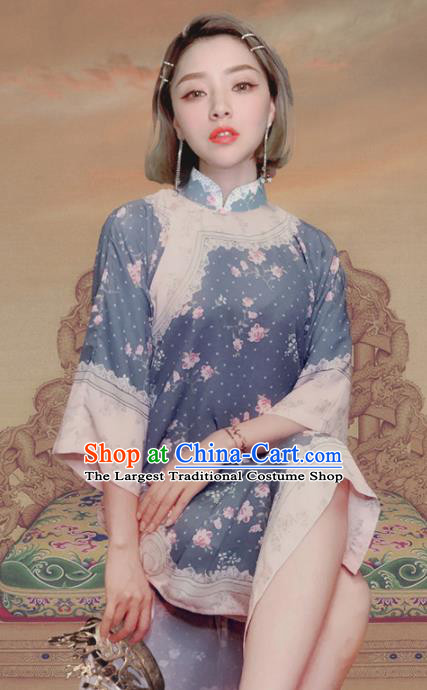 Traditional Chinese Printing Blue Cheongsam Tang Suit Qipao Dress National Costume for Women