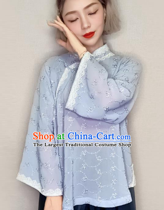 Traditional Chinese Tang Suit Light Blue Blouse Upper Outer Garment National Costume for Women