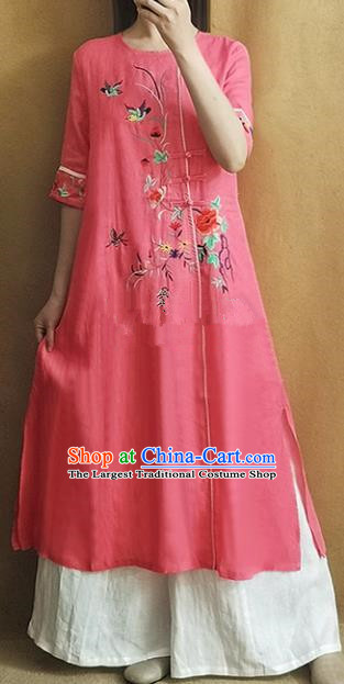 Traditional Chinese Embroidered Peony Pink Cheongsam Qipao Dress Tang Suit National Costume for Women