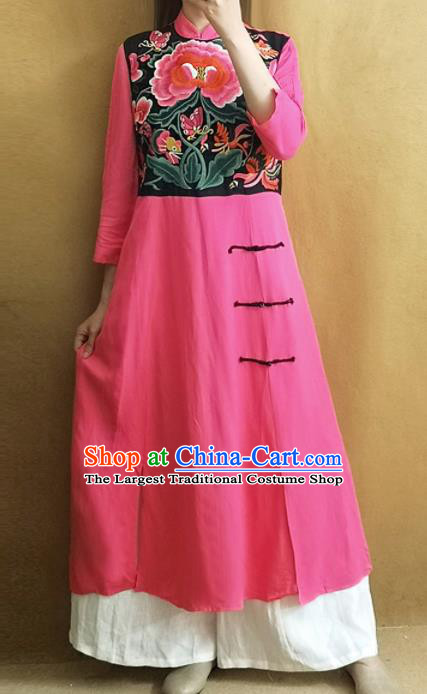 Traditional Chinese Embroidered Peony Cheongsam Plated Buttons Pink Qipao Dress Tang Suit National Costume for Women