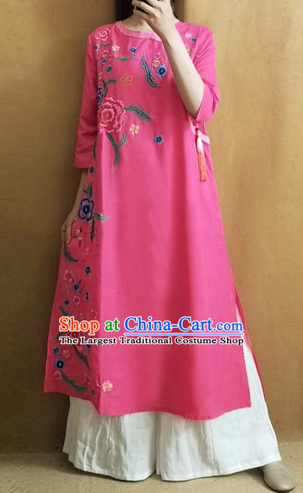 Traditional Chinese Embroidered Peony Rosy Dress Tang Suit Cheongsam National Costume for Women