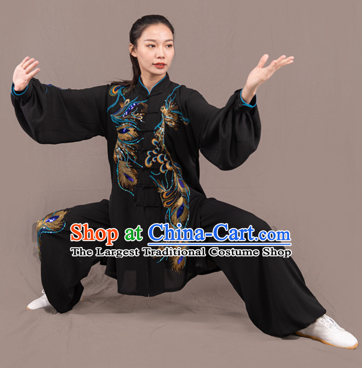 Black Top Chinese Traditional Competition Championship Professional Tai Chi Uniforms Taiji Kung Fu Wing Chun Kungfu Tai Ji Sword Gong Fu Master Clothing Suits Clothes Complete Set for Women