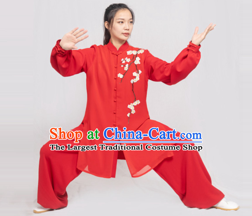 Red Embroidered Plum Blossom Chinese Traditional Competition Championship Professional Tai Chi Uniforms Taiji Kung Fu Wing Chun Kungfu Tai Ji Sword Master Clothing Suits Clothing