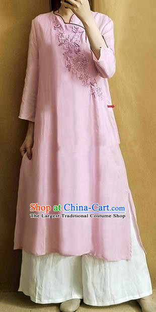 Traditional Chinese Embroidered Pink Linen Qipao Dress Tang Suit Cheongsam National Costume for Women