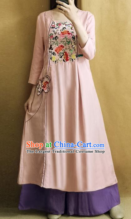 Traditional Chinese Embroidered Peony Pink Linen Qipao Dress Tang Suit Cheongsam National Costume for Women