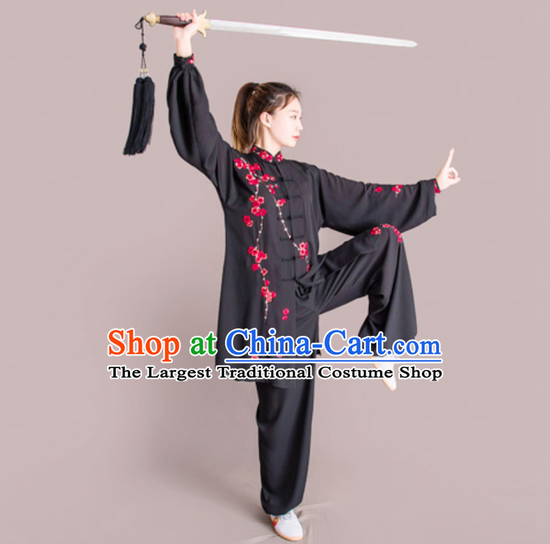 Top Chinese Mandarin Embroidered Plum Blossom Competition Championship Professional Tai Chi Stage Performance Uniforms Clothing and Mantle Complete Set for Women or Men