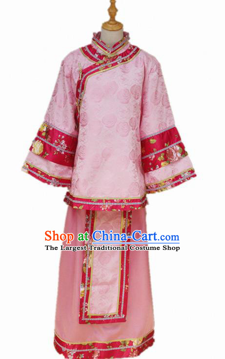 Traditional Chinese Republican Period Young Mistress Pink Dress Ancient Landlord Shiva Costume for Women