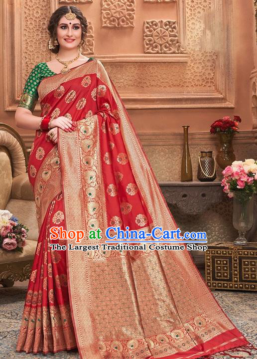 Indian Traditional Costume Asian India Red Sari Dress Bollywood Court Queen Clothing for Women