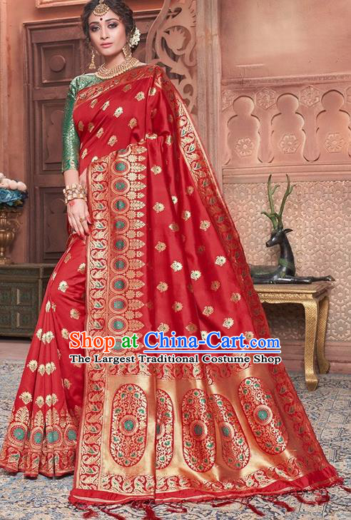 Indian Traditional Costume Asian India Embroidered Red Sari Dress Bollywood Court Queen Clothing for Women