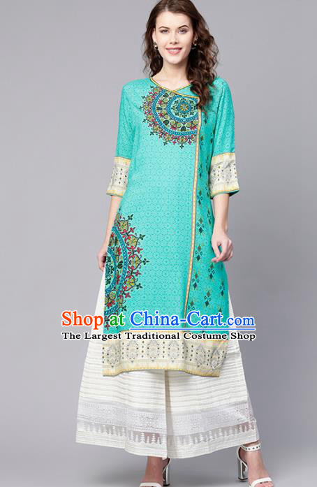 Asian India Traditional Informal Costumes South Asia Indian National Green Blouse and Dress for Women