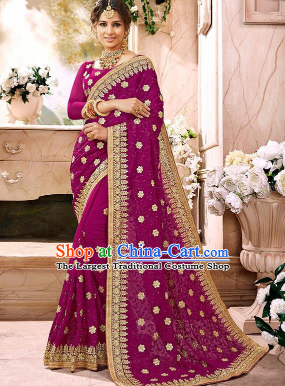 Indian Traditional Court Costume Asian India Deep Purple Sari Dress Bollywood Queen Clothing for Women