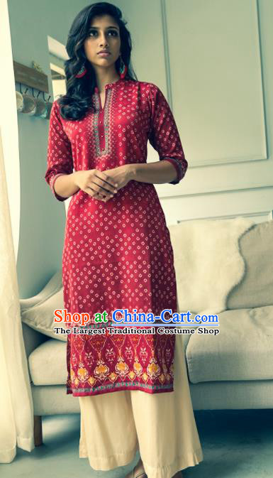 Asian India Traditional Informal Costumes South Asia Indian National Purplish Red Blouse and Pants for Women