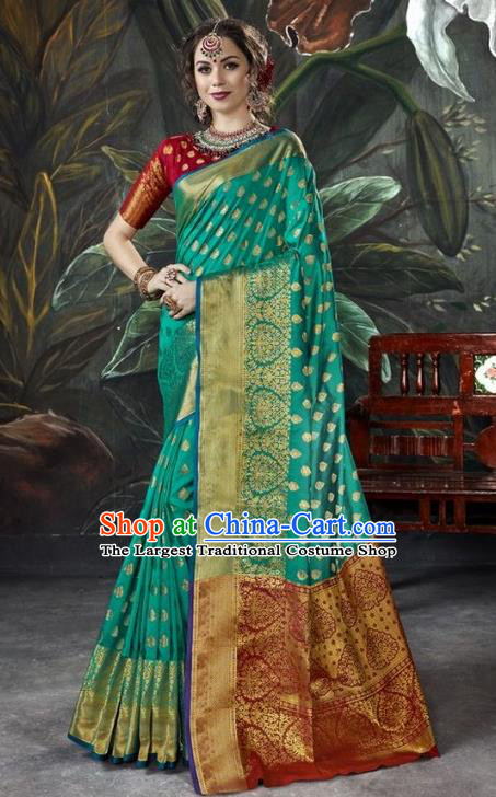 Asian India Green Sari Dress Indian Traditional Court Costume Bollywood Queen Clothing for Women