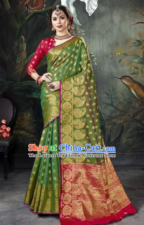 Asian India Green Sari Dress Indian Traditional Court Costume Bollywood Queen Clothing for Women