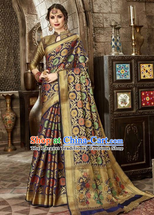 Asian India Traditional Navy Sari Dress Indian Court Costume Bollywood Queen Clothing for Women