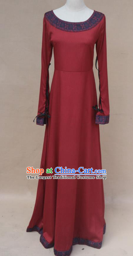 Europe Medieval Traditional Farmwife Costume European Maidservant Red Dress for Women
