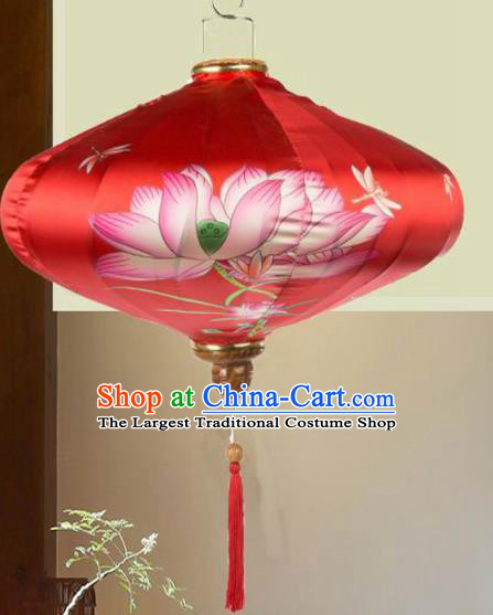 Chinese Traditional Lantern Handmade Printing Lotus Red Lanterns Ceiling Lamp New Year Lantern