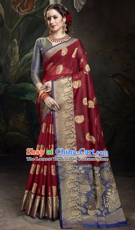 Asian India Traditional Bollywood Purplish Red Sari Dress Indian Court Queen Costume for Women