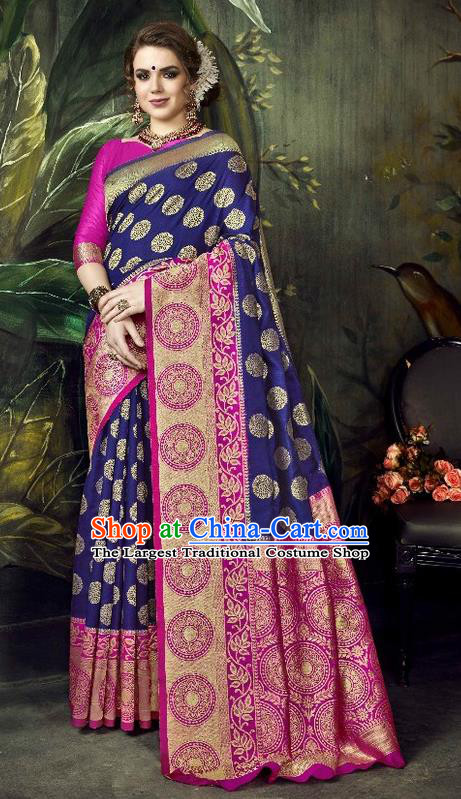 Asian India Traditional Bollywood Deep Blue Sari Dress Indian Court Queen Costume for Women