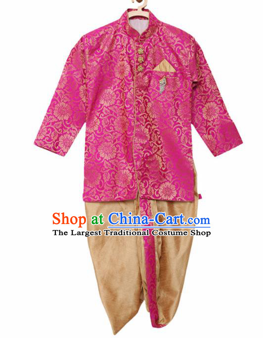 Asian India Traditional Costumes South Asia Indian National Rosy Shirt and Golden Pants for Kids