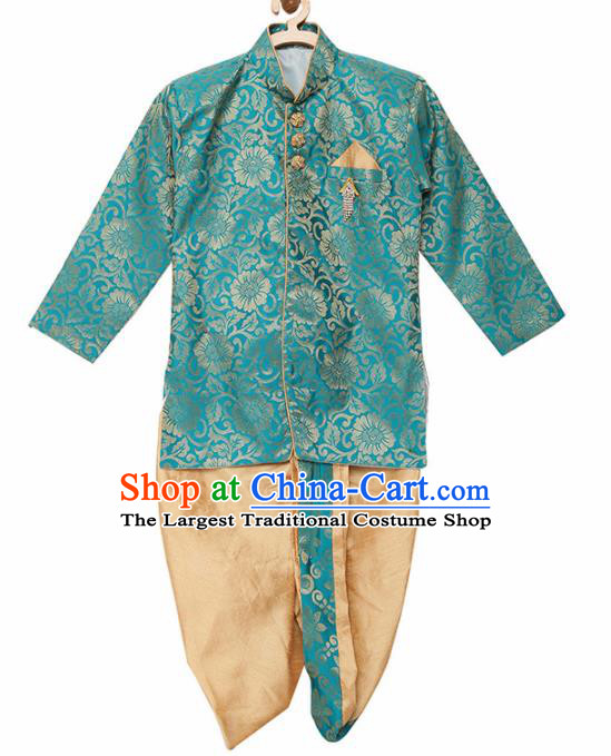 Asian India Traditional Costumes South Asia Indian National Green Shirt and Golden Pants for Kids