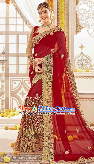 Asian India Traditional Bollywood Bride Wine Red Sari Dress Indian Court Queen Wedding Costume for Women