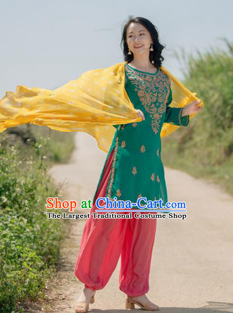 South Asian India Traditional Punjabi Costumes Asia Indian National Green Blouse and Pants for Women