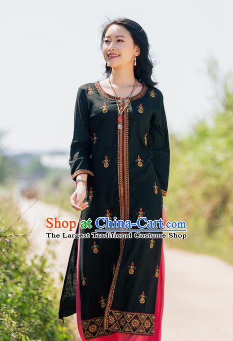 South Asian India Traditional Punjabi Costumes Asia Indian National Black Linen Blouse and Pants for Women