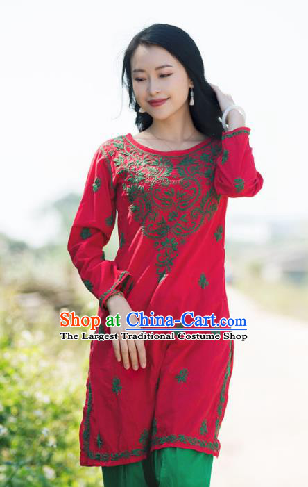 South Asian India Traditional Punjabi Costumes Asia Indian National Red Blouse and Pants for Women