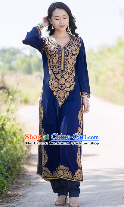 South Asian India Traditional Punjabi Costumes Asia Indian National Royalblue Blouse and Pants for Women