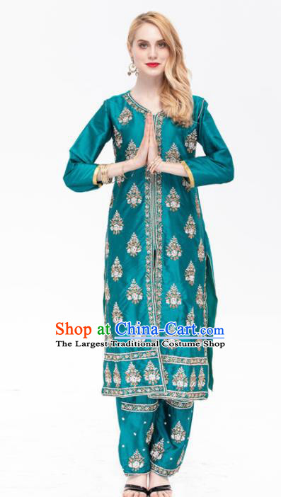 South Asian India Traditional Punjabi Costumes Asia Indian National Yoga Peacock Green Blouse and Pants for Women