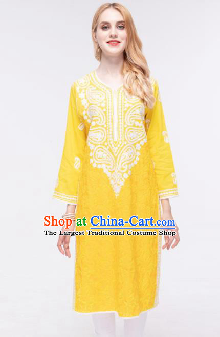 South Asian India Traditional Yoga Costumes Asia Indian National Punjabi Bright Yellow Blouse and Pants for Women