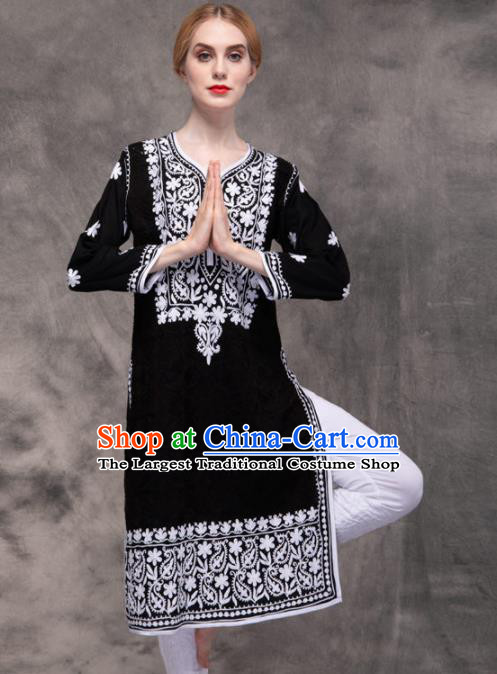 South Asian India Traditional Yoga Costumes Asia Indian National Punjabi Black Blouse and Pants for Women