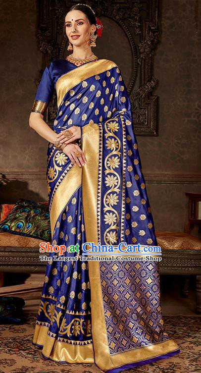 India Traditional Bollywood Royalblue Sari Dress Asian Indian Court Wedding Bride Costume for Women