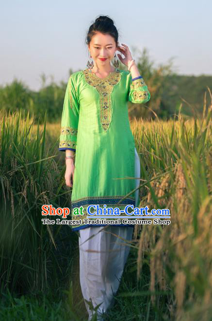 South Asian India Traditional Punjabi Costumes Asia Indian National Green Blouse and Pants for Women