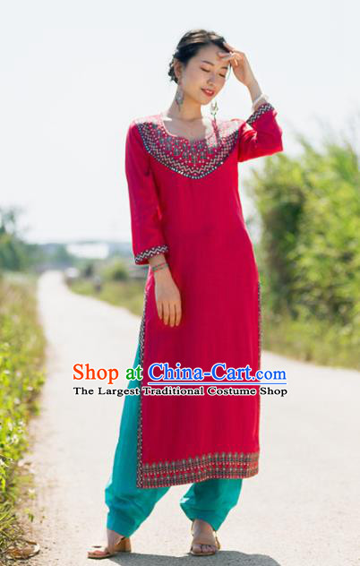 South Asian India Traditional Punjabi Costumes Asia Indian National Rosy Blouse and Pants for Women