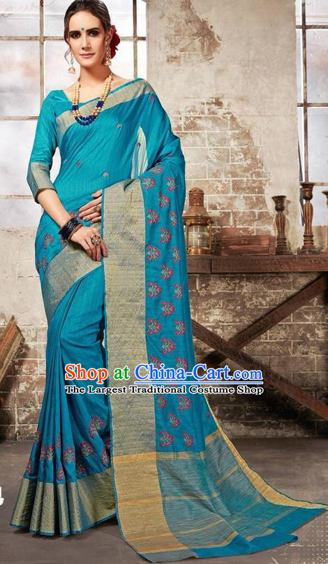 South Asian India Traditional Bollywood Blue Sari Dress Indian Court Wedding Bride Costume for Women