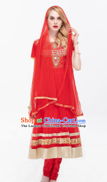 South Asian India Traditional Red Costumes Asia Indian National Punjabi Dress and Pants for Women