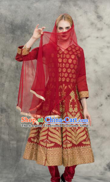 South Asian India Traditional Purplish Red Costumes Asia Indian National Punjabi Dress and Pants for Women