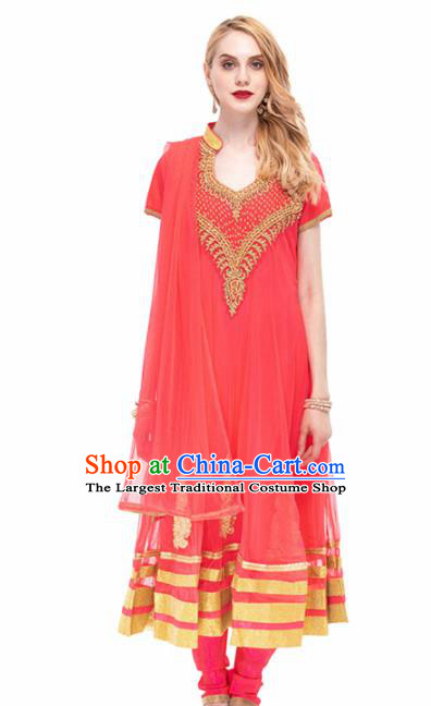 South Asian India Traditional Yoga Costumes Asia Indian National Punjabi Red Veil Dress and Pants for Women