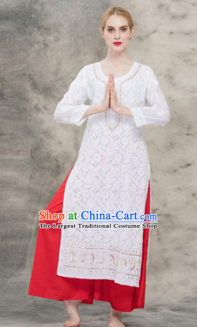 South Asian India Traditional Yoga White Lace Dress Asia Indian National Punjabi Suit Costume for Women