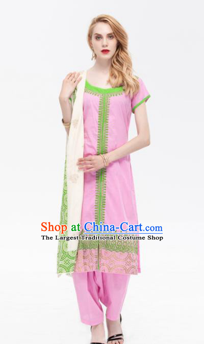 South Asian India Traditional Pink Costume Asia Indian National Punjabi Suit for Women