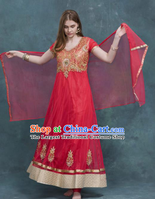 South Asian India Traditional Costume Red Dress Asia Indian National Punjabi Suit for Women