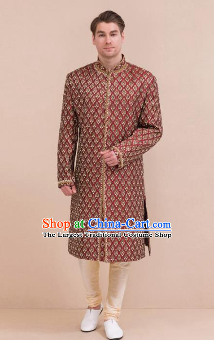 South Asian India Traditional Costume Wine Red Robe and Pants Asia Indian National Suit for Men