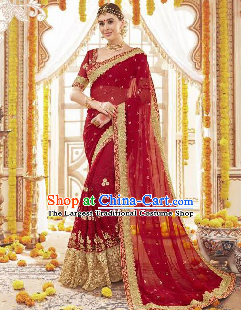 Asian India Traditional Wedding Sari Dress Indian Bollywood Court Bride Wine Red Costume for Women