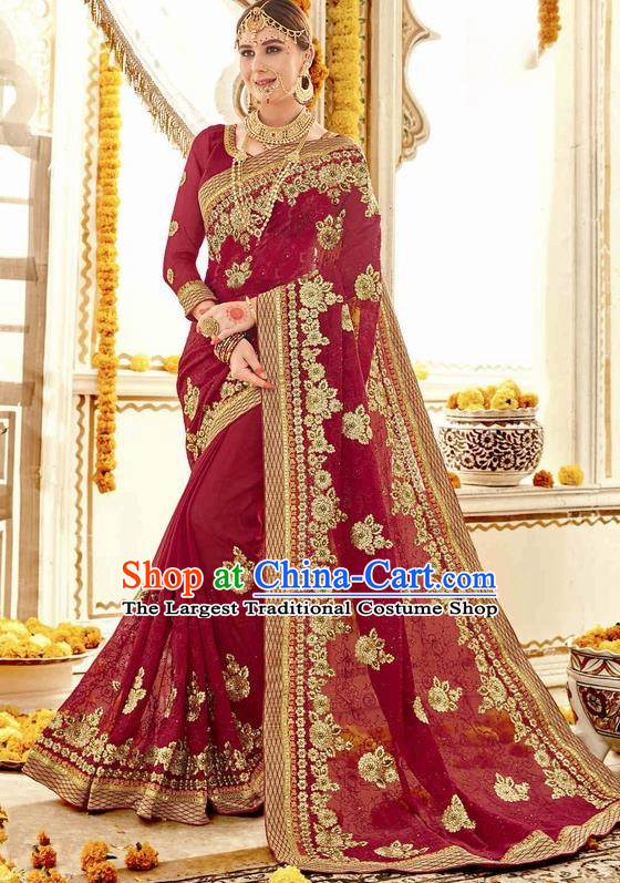 Asian India Traditional Court Wedding Sari Dress Indian Bollywood Bride Amaranth Costume for Women