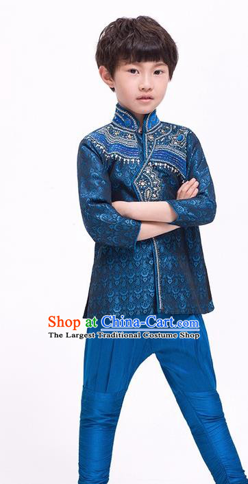 South Asian India Traditional Costume Navy Shirt and Pants Asia Indian National Suit for Kids