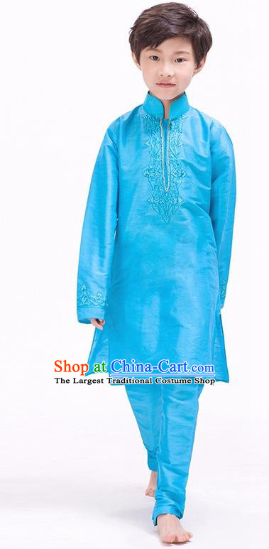 South Asian India Traditional Costume Blue Shirt and Pants Asia Indian National Suit for Kids